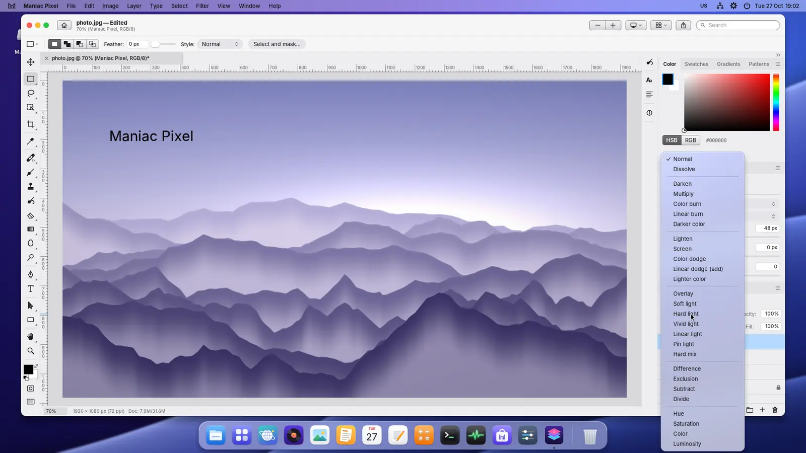 Choosing a blend mode in the Layers panel