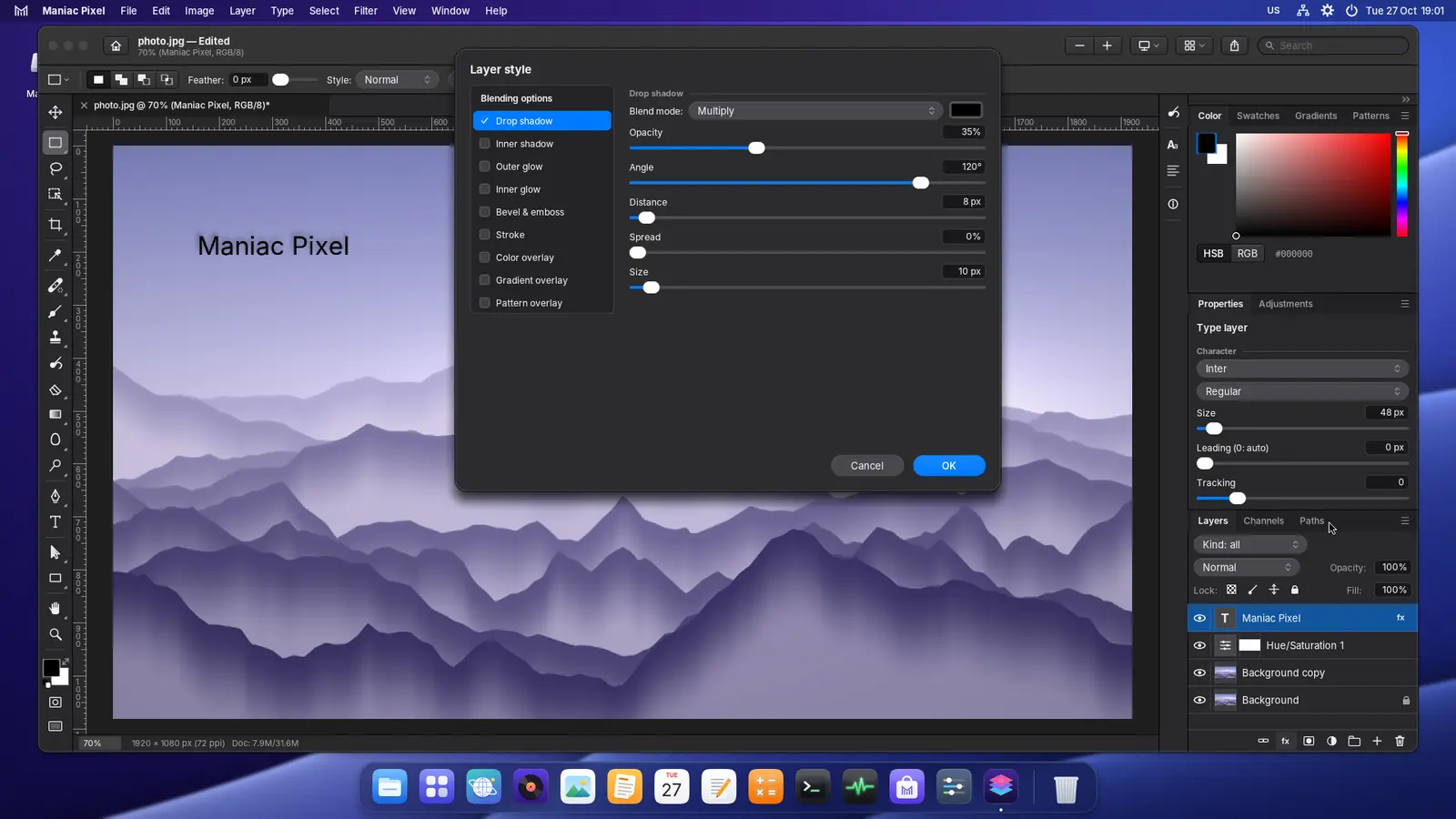 The Layer style dialog adding a drop shadow to a type layer